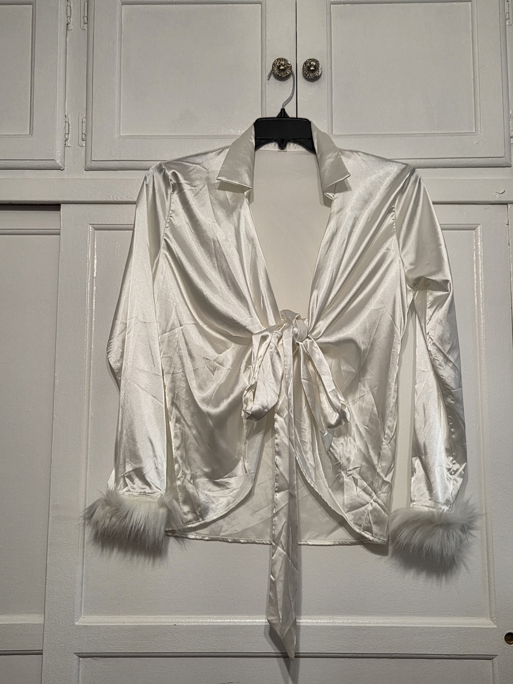 Ivory Satin Tie-Front Blouse with Faux Fur Cuffs
